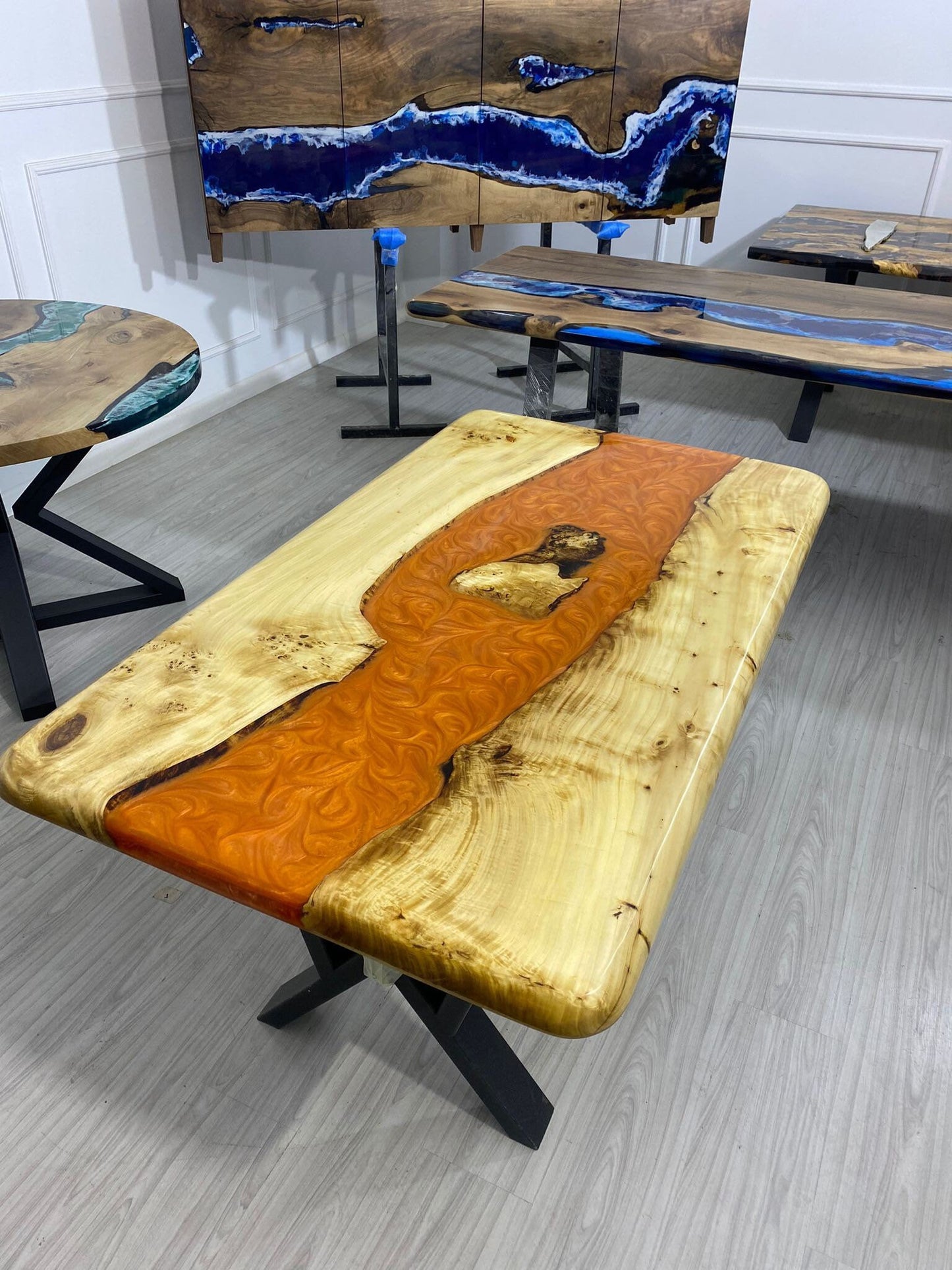 Custom River Epoxy Table, Custom 55” x 32” Poplar Epoxy Table, Lava Orange Epoxy Table Order for Carl