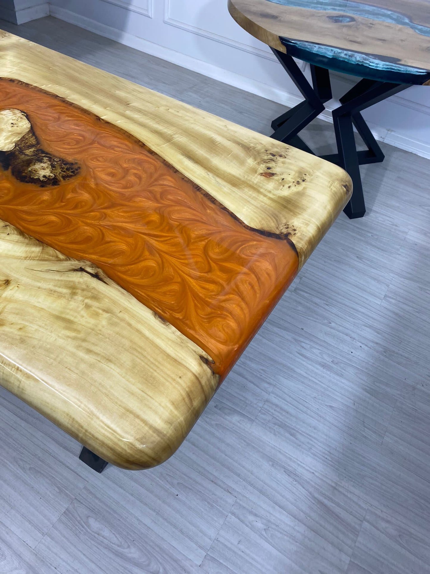 Custom River Epoxy Table, Custom 55” x 32” Poplar Epoxy Table, Lava Orange Epoxy Table Order for Carl