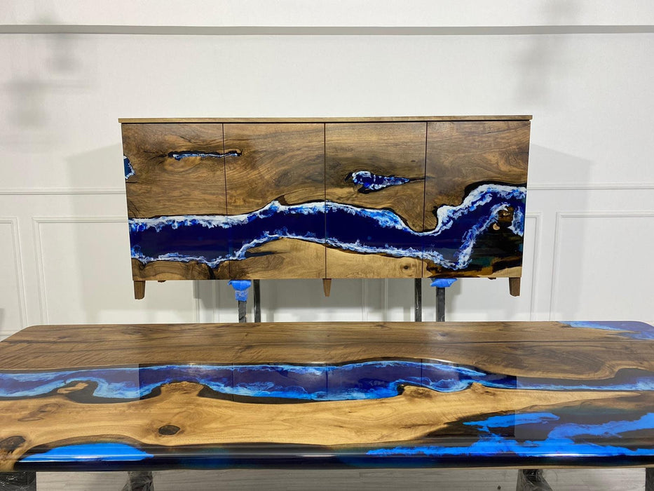 Made to Order Custom 72” x 16” x 36” Walnut Wood Credenza, Blue Epoxy Resin Credenza, Walnut Epoxy Credenza for Brandon A