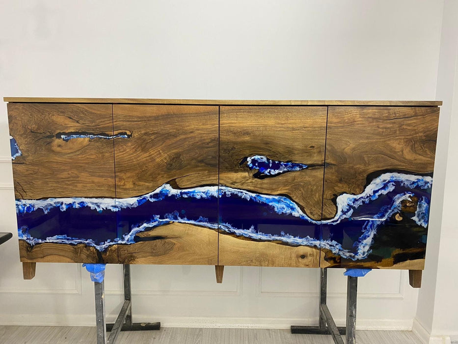 Made to Order Custom 72” x 16” x 36” Walnut Wood Credenza, Blue Epoxy Resin Credenza, Walnut Epoxy Credenza for Brandon A