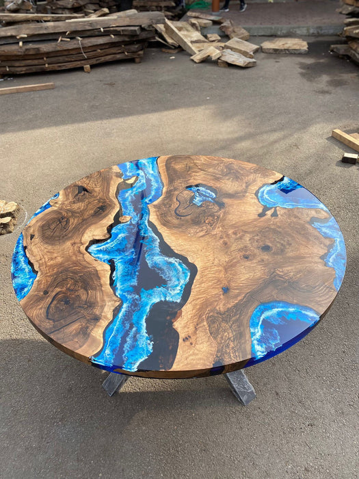 Round Dining Table, Custom 54” Diameter Round Walnut Wood Blue Table, Turquoise, White Waves Epoxy Dining Table, Custom Order for Katie