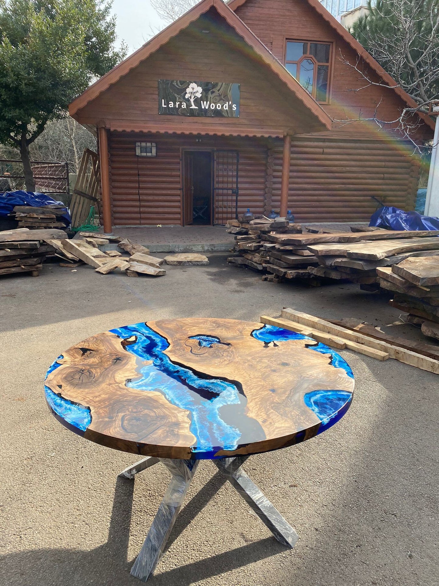 Round Dining Table, Custom 54” Diameter Round Walnut Wood Blue Table, Turquoise, White Waves Epoxy Dining Table, Custom Order for Katie