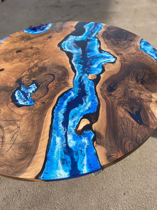 Round Dining Table, Custom 54” Diameter Round Walnut Wood Blue Table, Turquoise, White Waves Epoxy Dining Table, Custom Order for Katie