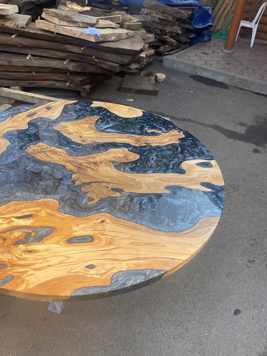 Olive Wood Epoxy Table, Custom 60” Diameter Round Olive Wood Table, Metallic Gray Epoxy Table, River Table, Custom Order for Leigh