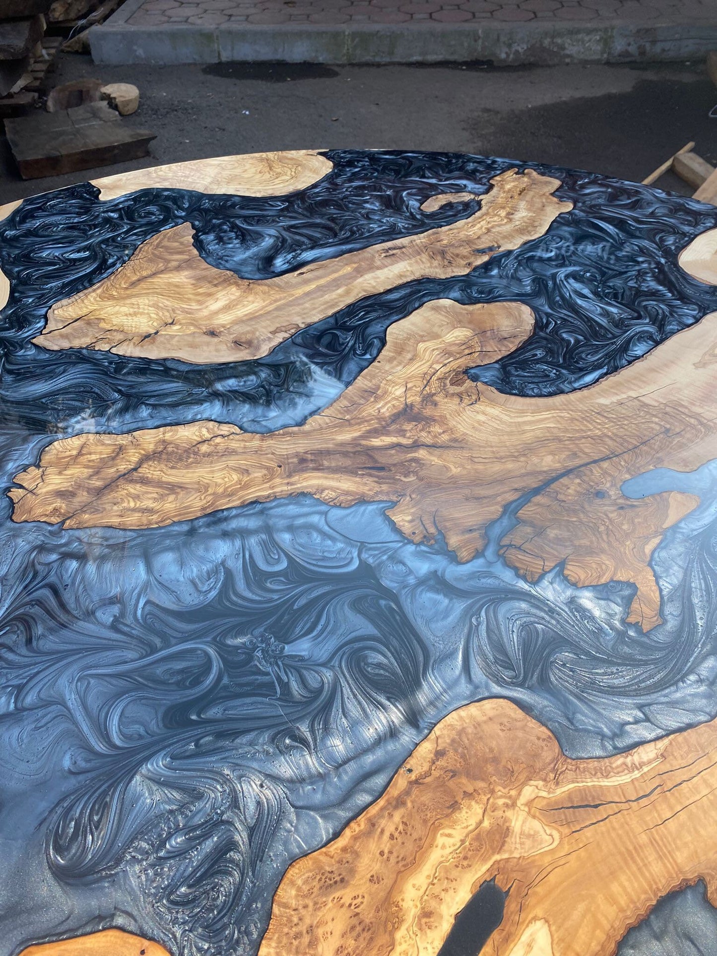 Olive Wood Epoxy Table, Custom 60” Diameter Round Olive Wood Table, Metallic Gray Epoxy Table, River Table, Custom Order for Leigh