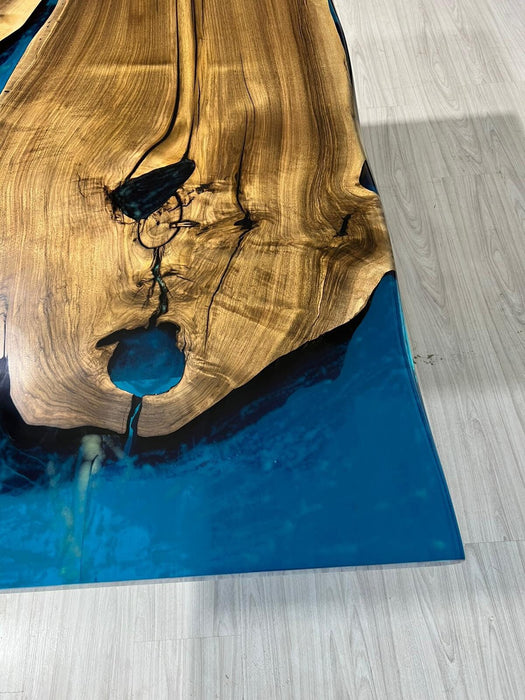 Epoxy Dining Table, Custom 52” x 28” Walnut Turquoise River with Phosphorus Dining Table Glowing in the Night, Custom Order for Roxy