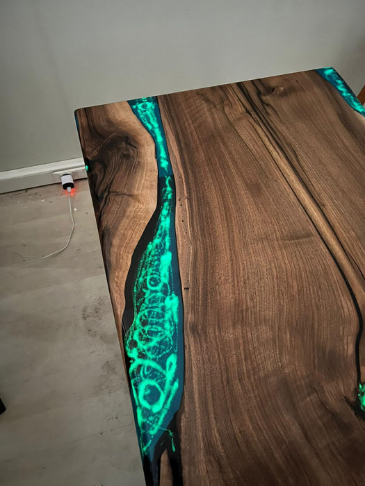 Unique Table, Handmade Epoxy Table, Custom 52” x 28” Walnut Turquoise River with Phosphorus Table, Glowing Table at Night, Order for Roxy