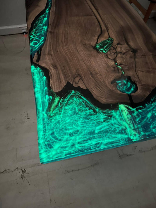 Unique Table, Handmade Epoxy Table, Custom 52” x 28” Walnut Turquoise River with Phosphorus Table, Glowing Table at Night, Order for Roxy