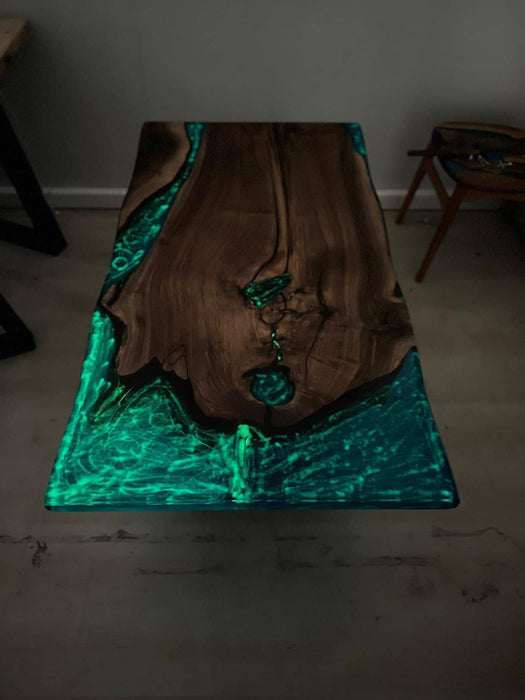 Unique Table, Handmade Epoxy Table, Custom 52” x 28” Walnut Turquoise River with Phosphorus Table, Glowing Table at Night, Order for Roxy