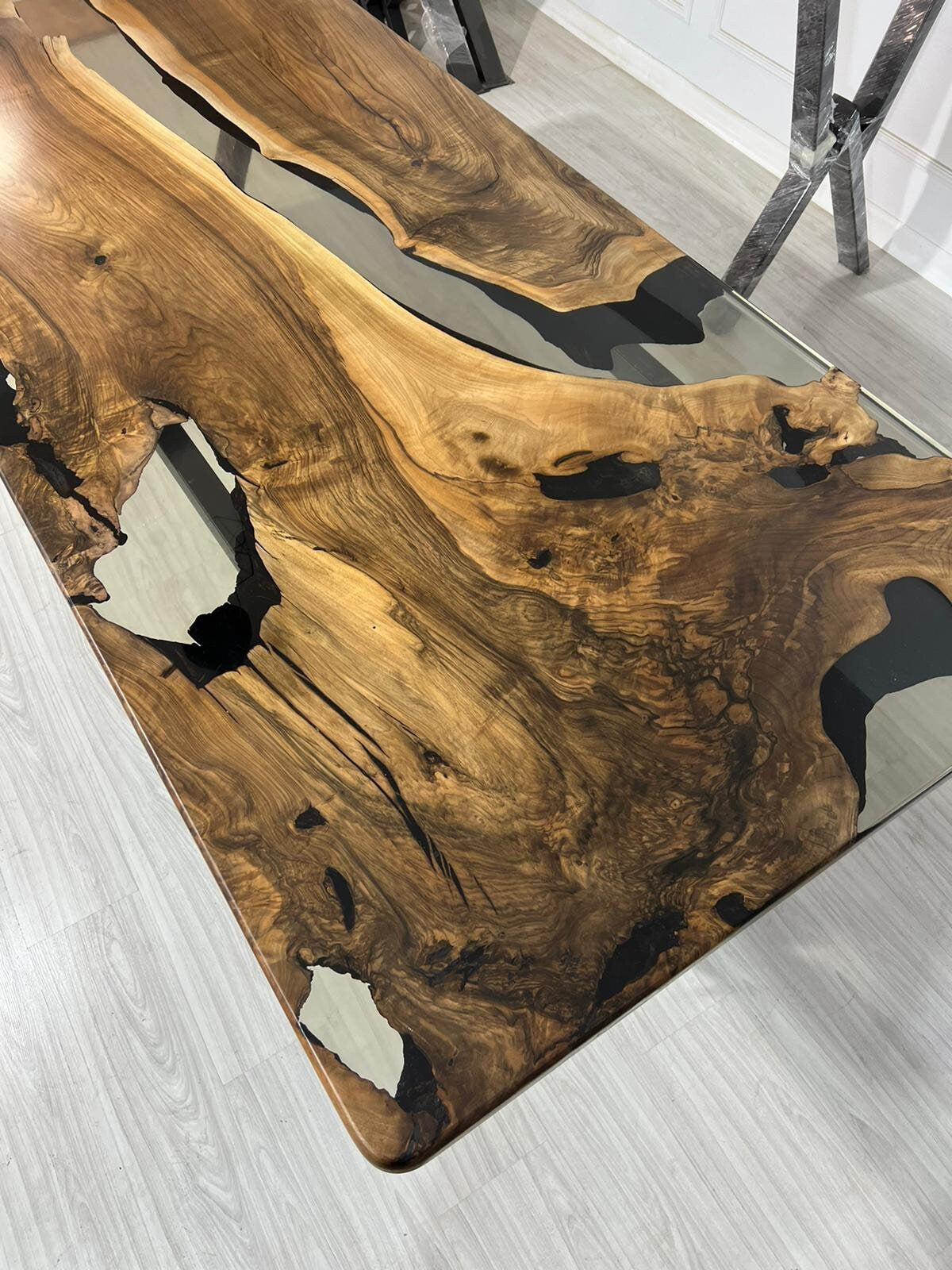 Epoxy Resin Table, Walnut Dining Table, Custom 88” x 40” Walnut Smokey Gray Table, Epoxy River Dining Table, Custom Order for Roberto