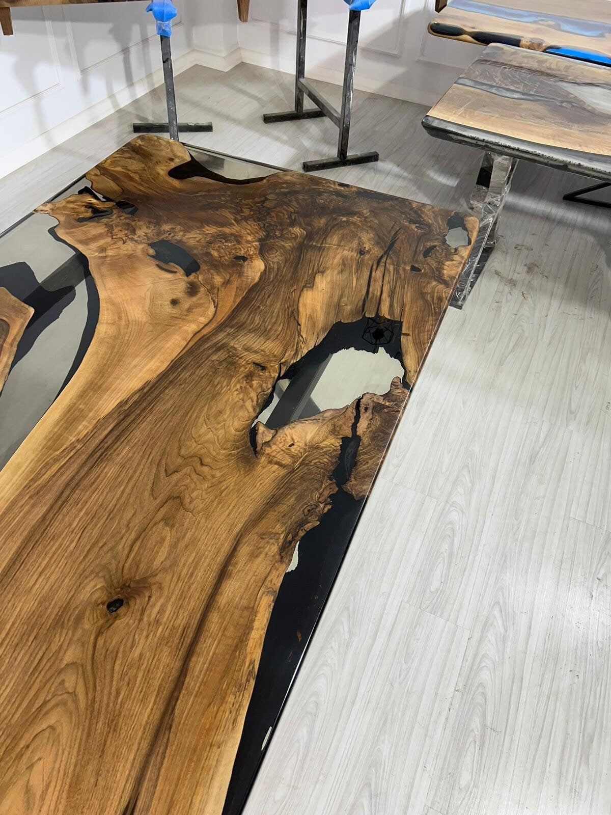 Epoxy Resin Table, Walnut Dining Table, Custom 88” x 40” Walnut Smokey Gray Table, Epoxy River Dining Table, Custom Order for Roberto