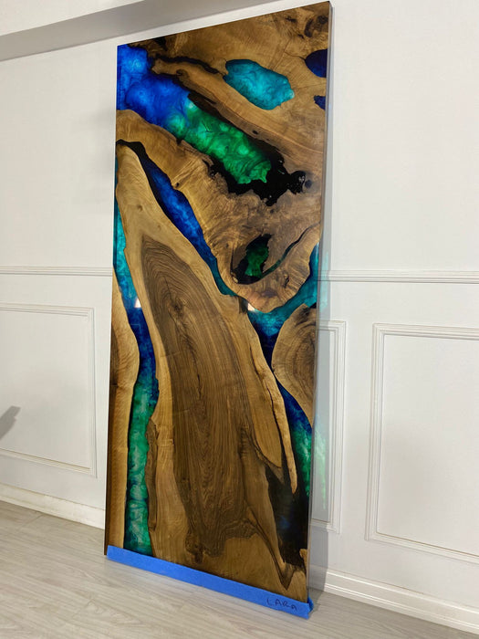 Custom 84” x 35” Walnut Blue, Turquoise, Green Epoxy Barn Door for Roger, Custom Made Epoxy Door