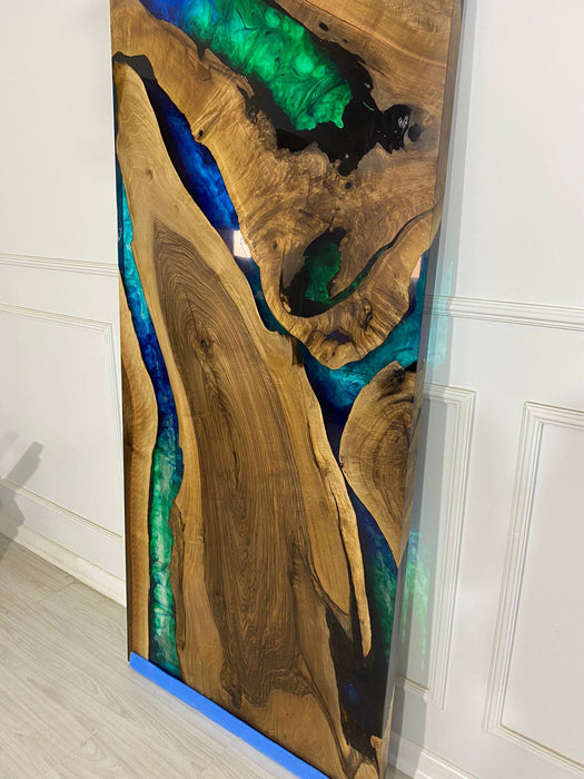 Custom 84” x 35” Walnut Blue, Turquoise, Green Epoxy Barn Door for Roger, Custom Made Epoxy Door