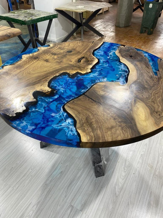 Round Dining Table, Custom 55” Diameter Round Walnut Wood Blue, Turquoise, White Waves Table, Epoxy Dining Table, Custom Order for Adrienne