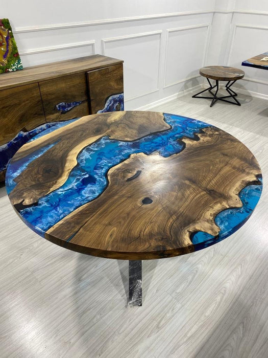 Round Dining Table, Custom 55” Diameter Round Walnut Wood Blue, Turquoise, White Waves Table, Epoxy Dining Table, Custom Order for Adrienne