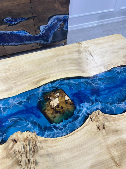 Epoxy Dining Table, Epoxy Table, Ocean Table, Custom 72” x 40” Poplar Ocean Blue, Turquoise White Epoxy River Dining Table, Order for Shane