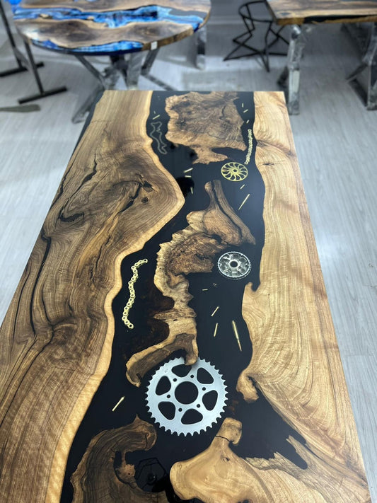 Walnut Dining Table, Walnut Epoxy Table, Custom 72" x 36" Black Epoxy Resin Table with Wheel Chains, Aquarium Custom Order for Kristyn Ander