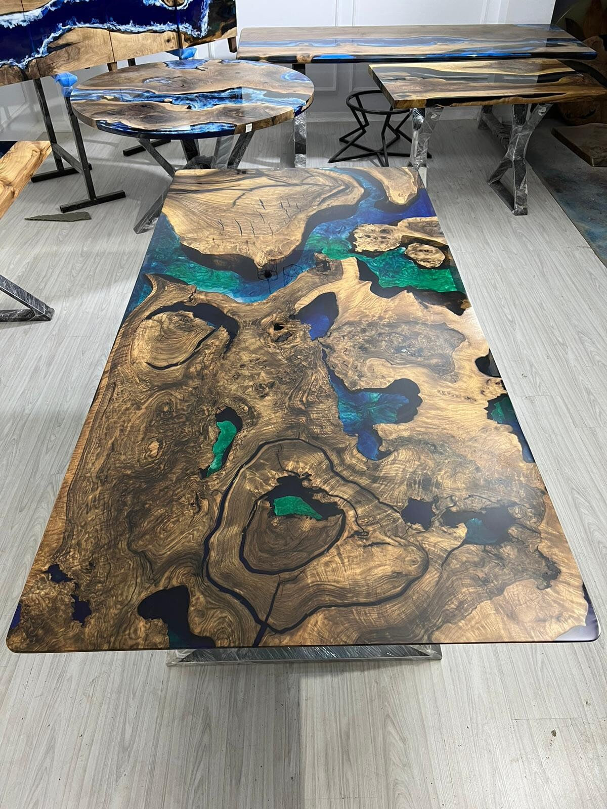 Live Edge Table, Custom 84” x 40” Walnut Blue, Turquoise, Green Epoxy Table, Epoxy Dining Table, River Table, Custom Order for Revant