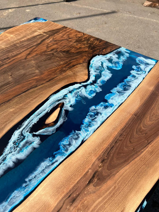 READY TO SHIP Custom 84” x 38” Walnut Dark Blue, Turquoise and White Swirls Ocean Epoxy Dining Table