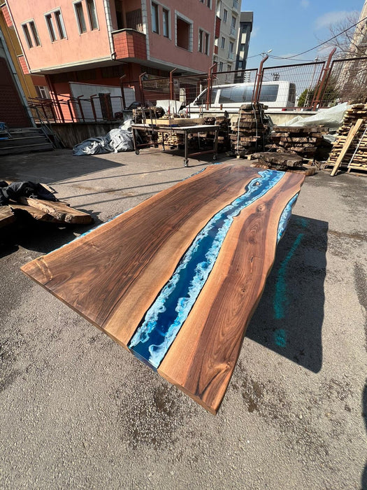 READY TO SHIP Custom 84” x 38” Walnut Dark Blue, Turquoise and White Swirls Ocean Epoxy Dining Table