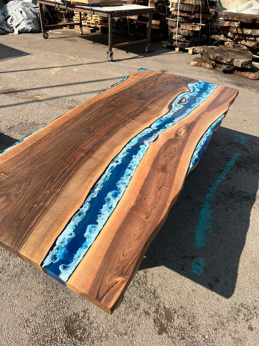 READY TO SHIP Custom 84” x 38” Walnut Dark Blue, Turquoise and White Swirls Ocean Epoxy Dining Table