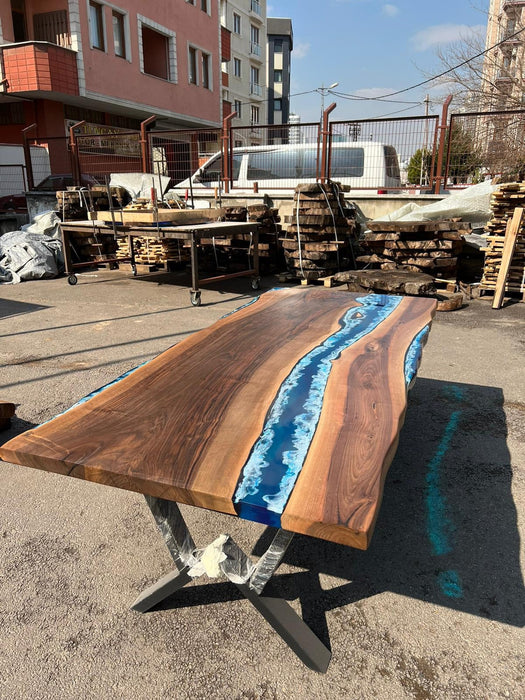 READY TO SHIP Custom 84” x 38” Walnut Dark Blue, Turquoise and White Swirls Ocean Epoxy Dining Table