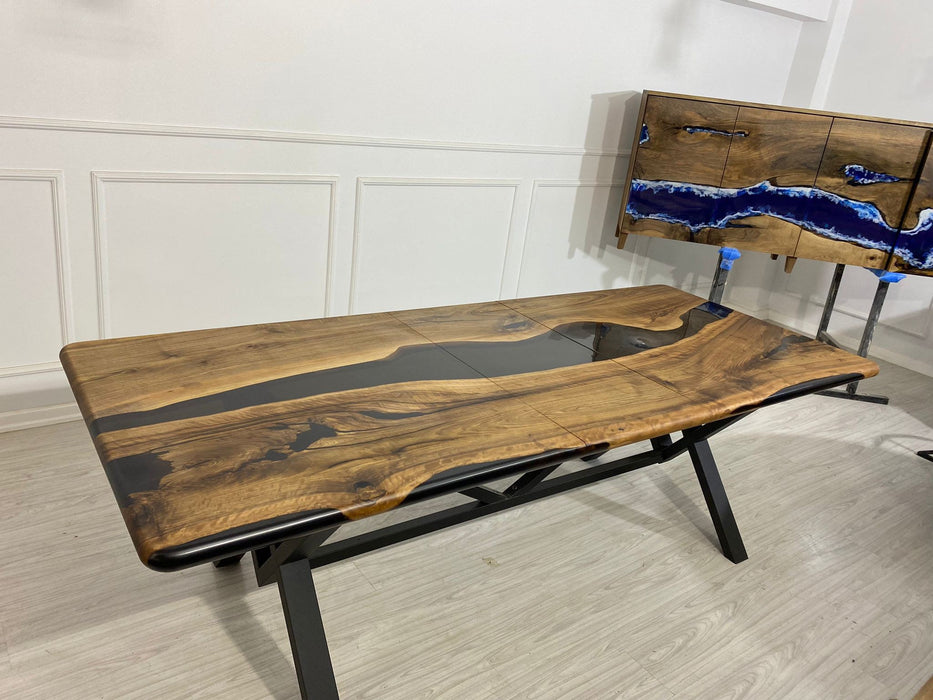 Walnut Dining Table, Custom 80”-98" x 40” Walnut Black Extendable Shape Table, Epoxy River Table, Custom Order for Tim