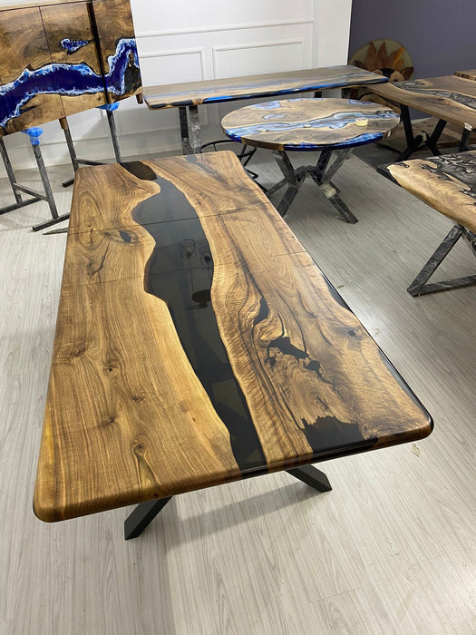 Walnut Dining Table, Custom 80”-98" x 40” Walnut Black Extendable Shape Table, Epoxy River Table, Custom Order for Tim