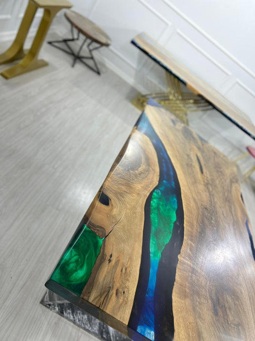 Handmade Epoxy Table, Epoxy Dining Table, Epoxy Resin Table, Custom 60” x 32” Walnut Blue, Turquoise, Green Epoxy Dining Table, for Saisha