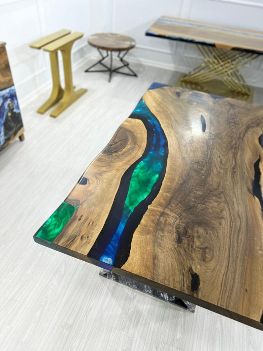 Handmade Epoxy Table, Epoxy Dining Table, Epoxy Resin Table, Custom 60” x 32” Walnut Blue, Turquoise, Green Epoxy Dining Table, for Saisha