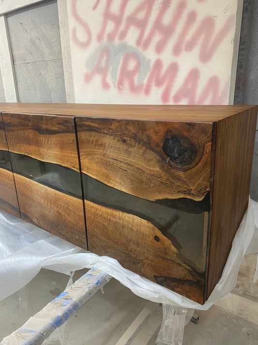 Clear Epoxy Resin Table, Custom 86”L x 20”D x 28”-36”H Walnut Credenza, Wood Smokey Gray Epoxy Resin Credenza, Walnut Epoxy Credenza