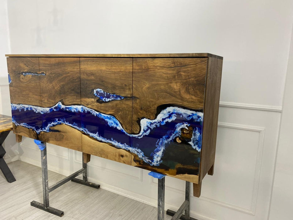 Made to Order Custom 72” x 16” x 36” Walnut Wood Credenza, Blue Epoxy Resin Credenza, Walnut Epoxy Credenza for Brandon A