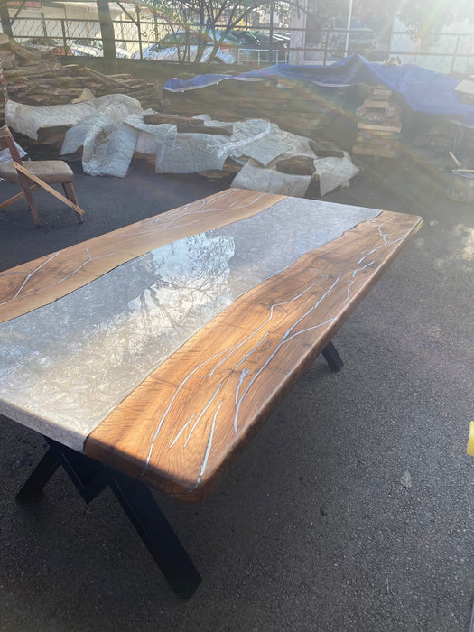 READY TO SHIP Custom 77” x 42” Walnut Metallic Dark Pearl White Epoxy River Table Order