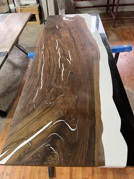 READY TO SHIP Walnut Dining Table, Custom 96"x 36" Walnut Black and White Epoxy Table, Epoxy Resin Table, Epoxy Barn Door