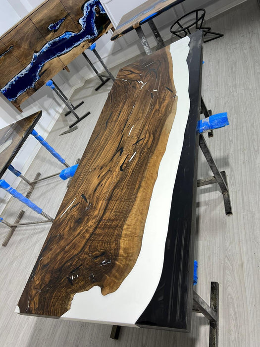 READY TO SHIP Walnut Dining Table, Custom 96"x 36" Walnut Black and White Epoxy Table, Epoxy Resin Table, Epoxy Barn Door