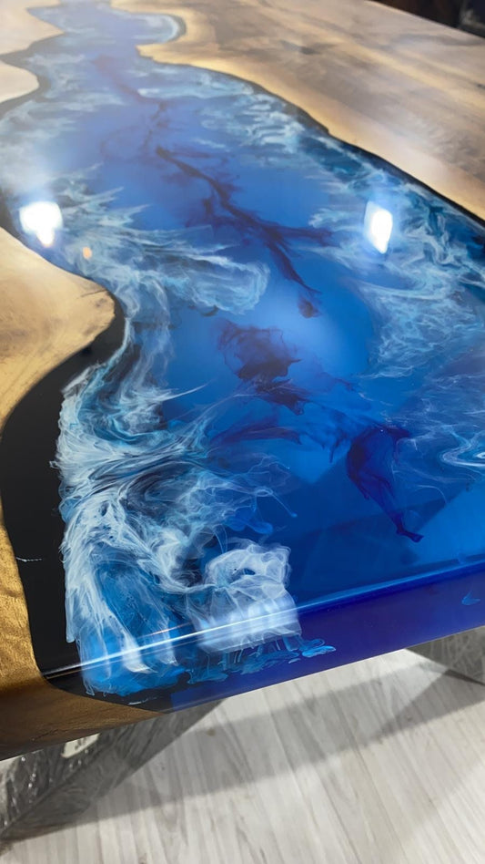 Epoxy Dining Table, Epoxy Table, Ocean Table, Custom 84” x 40” Walnut Ocean Blue, Turquoise White Epoxy River Table, Order for Srividya