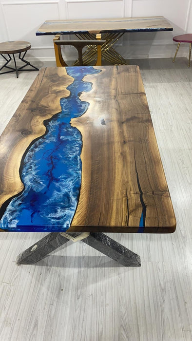 Epoxy Dining Table, Epoxy Table, Ocean Table, Custom 84” x 40” Walnut Ocean Blue, Turquoise White Epoxy River Table, Order for Srividya