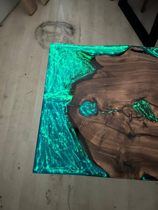 Unique Table, Handmade Epoxy Table, Custom 52” x 28” Walnut Turquoise River with Phosphorus Table, Glowing Table at Night, Order for Roxy
