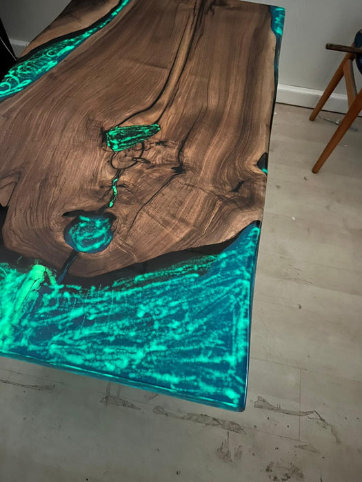 Unique Table, Handmade Epoxy Table, Custom 52” x 28” Walnut Turquoise River with Phosphorus Table, Glowing Table at Night, Order for Roxy