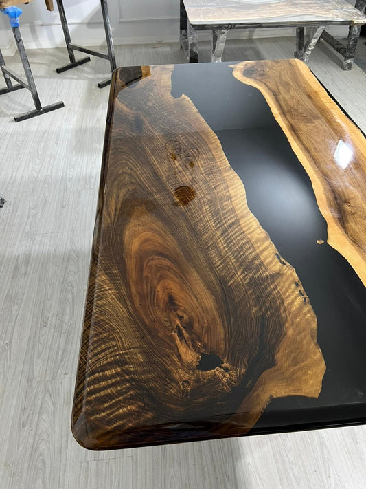 Exquisite Epoxy Creations: Handcrafted Custom Tables for Your Unique Space! Custom 72” x 40” Walnut Shiny Black Epoxy Table for Catina