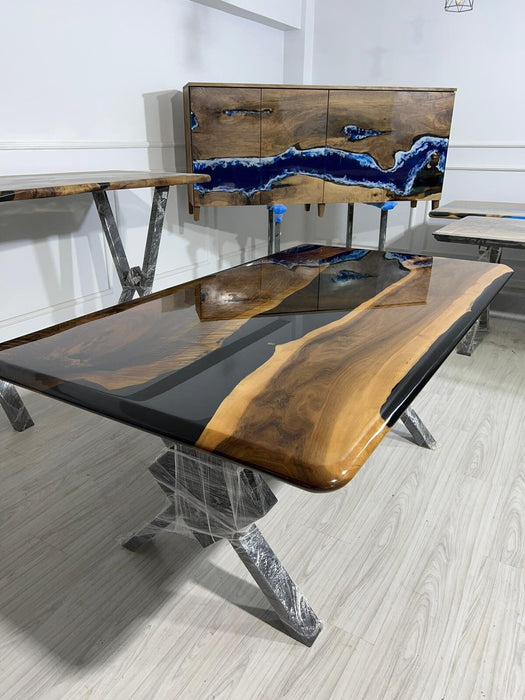 Handmade Epoxy Table, Walnut Epoxy Table, Epoxy Dining Table, Custom 72” x 40” Walnut Shiny Black Table, Black Epoxy Table for Catina