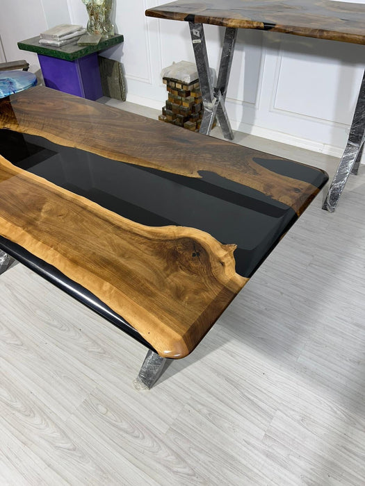 Exquisite Epoxy Creations: Handcrafted Custom Tables for Your Unique Space! Custom 72” x 40” Walnut Shiny Black Epoxy Table for Catina