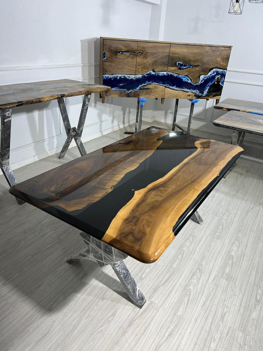 Handmade Epoxy Table, Walnut Epoxy Table, Epoxy Dining Table, Custom 72” x 40” Walnut Shiny Black Table, Black Epoxy Table for Catina