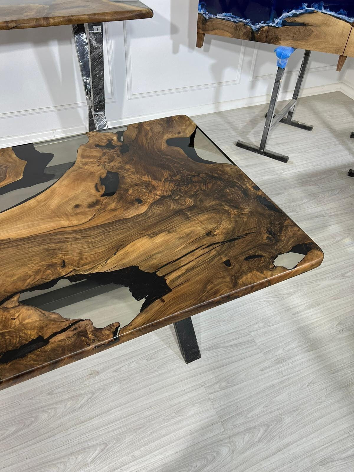 Epoxy Resin Table, Walnut Dining Table, Custom 88” x 40” Walnut Smokey Gray Table, Epoxy River Dining Table, Custom Order for Roberto