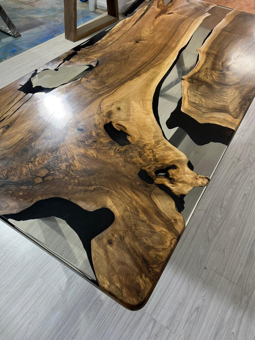 Epoxy Resin Table, Walnut Dining Table, Custom 88” x 40” Walnut Smokey Gray Table, Epoxy River Dining Table, Custom Order for Roberto