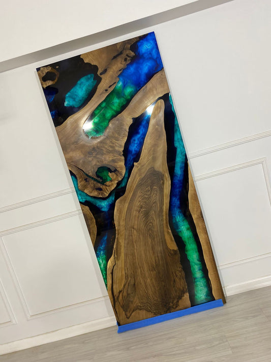 Custom 84” x 35” Walnut Blue, Turquoise, Green Epoxy Barn Door for Roger, Custom Made Epoxy Door