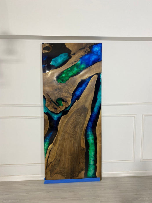 Custom 84” x 35” Walnut Blue, Turquoise, Green Epoxy Barn Door for Roger, Custom Made Epoxy Door