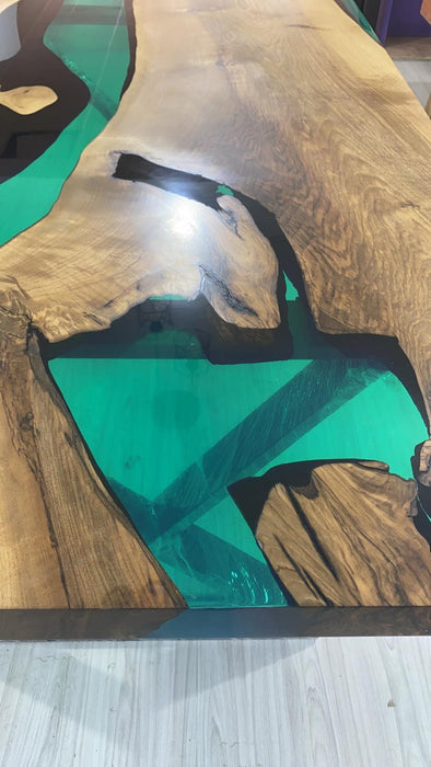 Live Edge Table, Custom 72” x 40” Walnut Translucent Green Epoxy Table, Epoxy River Dining Table, Wooden Table, Custom  Order for Heather M