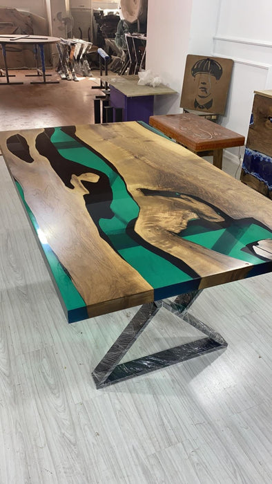 Live Edge Table, Custom 72” x 40” Walnut Translucent Green Epoxy Table, Epoxy River Dining Table, Wooden Table, Custom  Order for Heather M