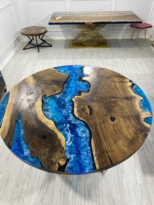 Round Dining Table, Custom 55” Diameter Round Walnut Wood Blue, Turquoise, White Waves Table, Epoxy Dining Table, Custom Order for Adrienne